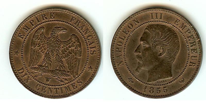 Dix centimes Napoléon III, tête nue 1855 Lille SUP+